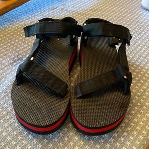 Black and red tevas